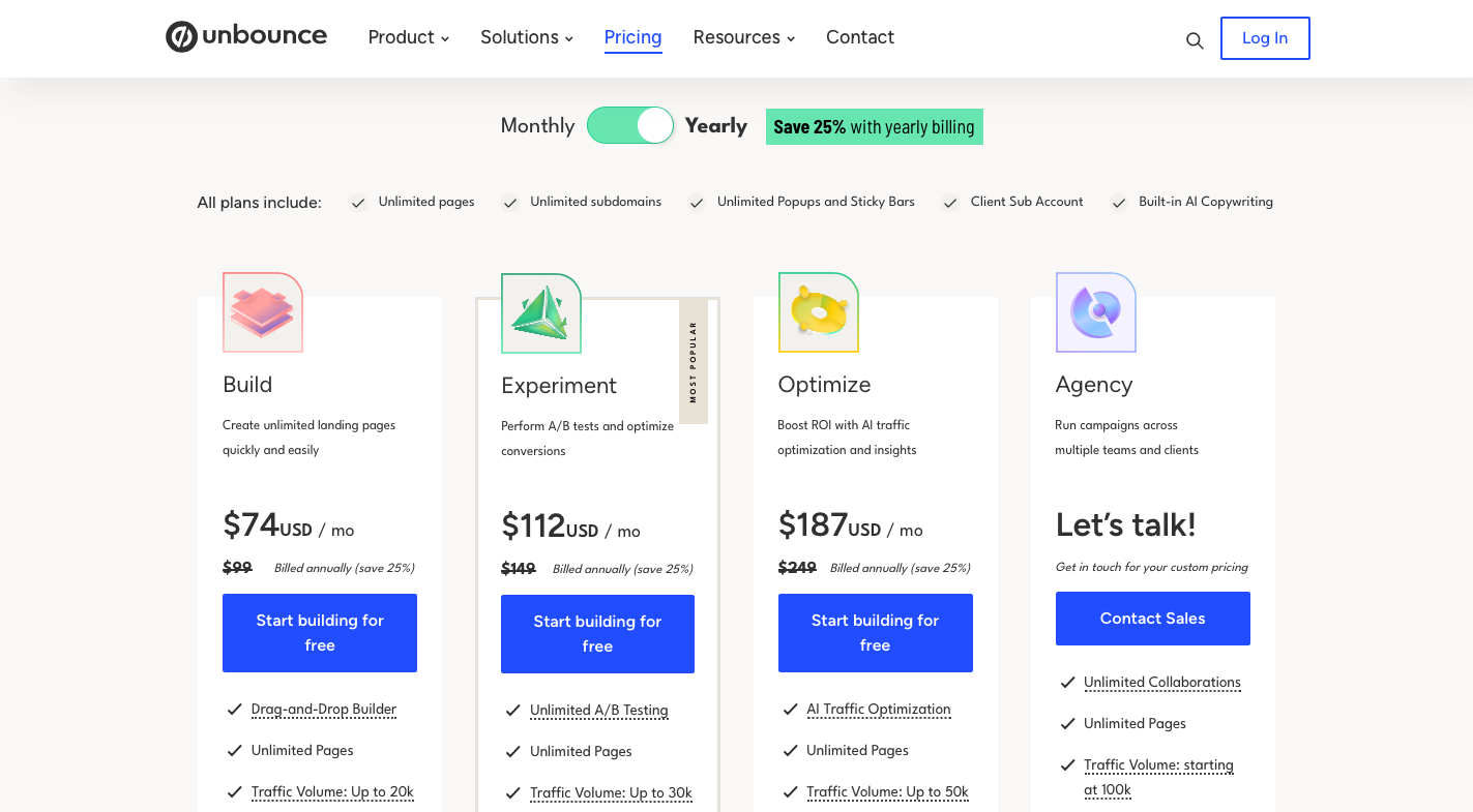 Unbounce tiered pricing plan option