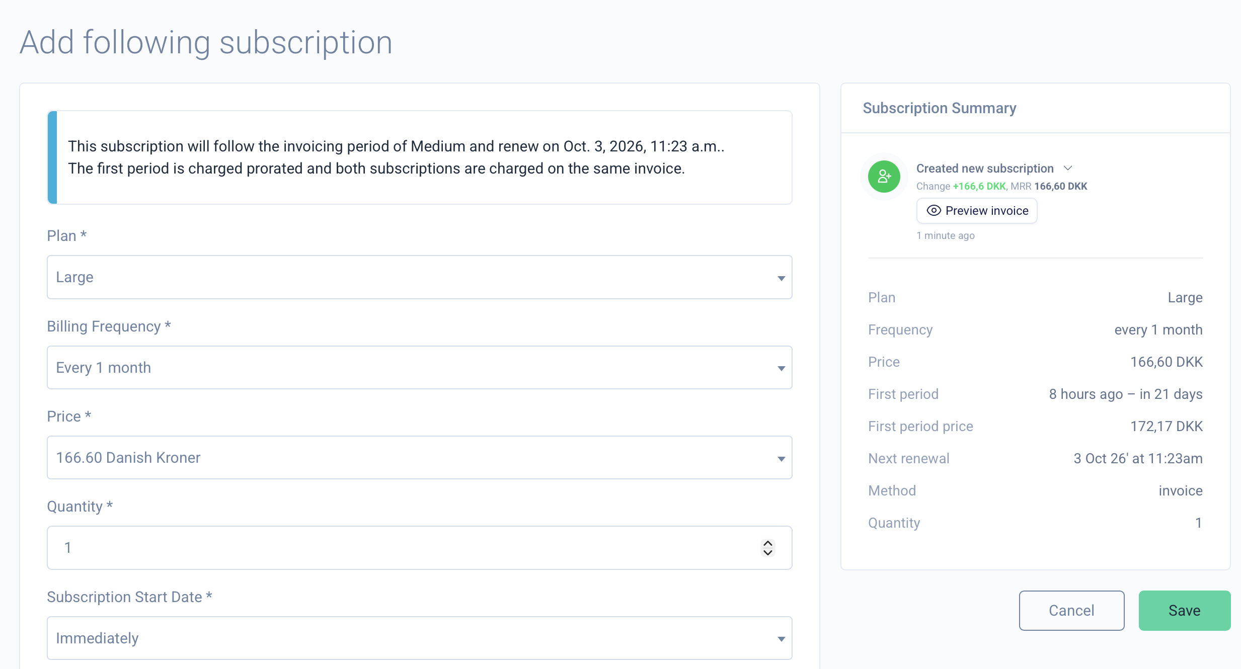 The Add following subscription form with the prorated first period and price shown in the subscription summary