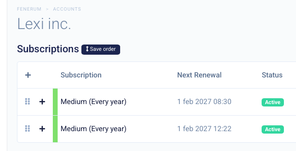 Abonnementstabell på kontodetaljsiden i modus for endring av rekkefølge, med drahåndtak ved siden av hver rad og en Save order-knapp ved siden av overskriften Subscriptions.