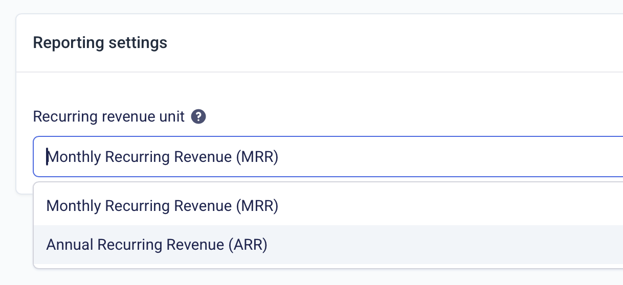 The recurring revenue unit setting with MRR and ARR options